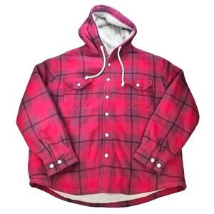 Mens Roebuck and Co Hooded Flannel Button Up Shacket Red Plaid Size XL